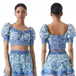 NWT Alice Olivia XL Blue Crawford Lace Up Smocked Top Eve Ditsy Floral Milkmaid